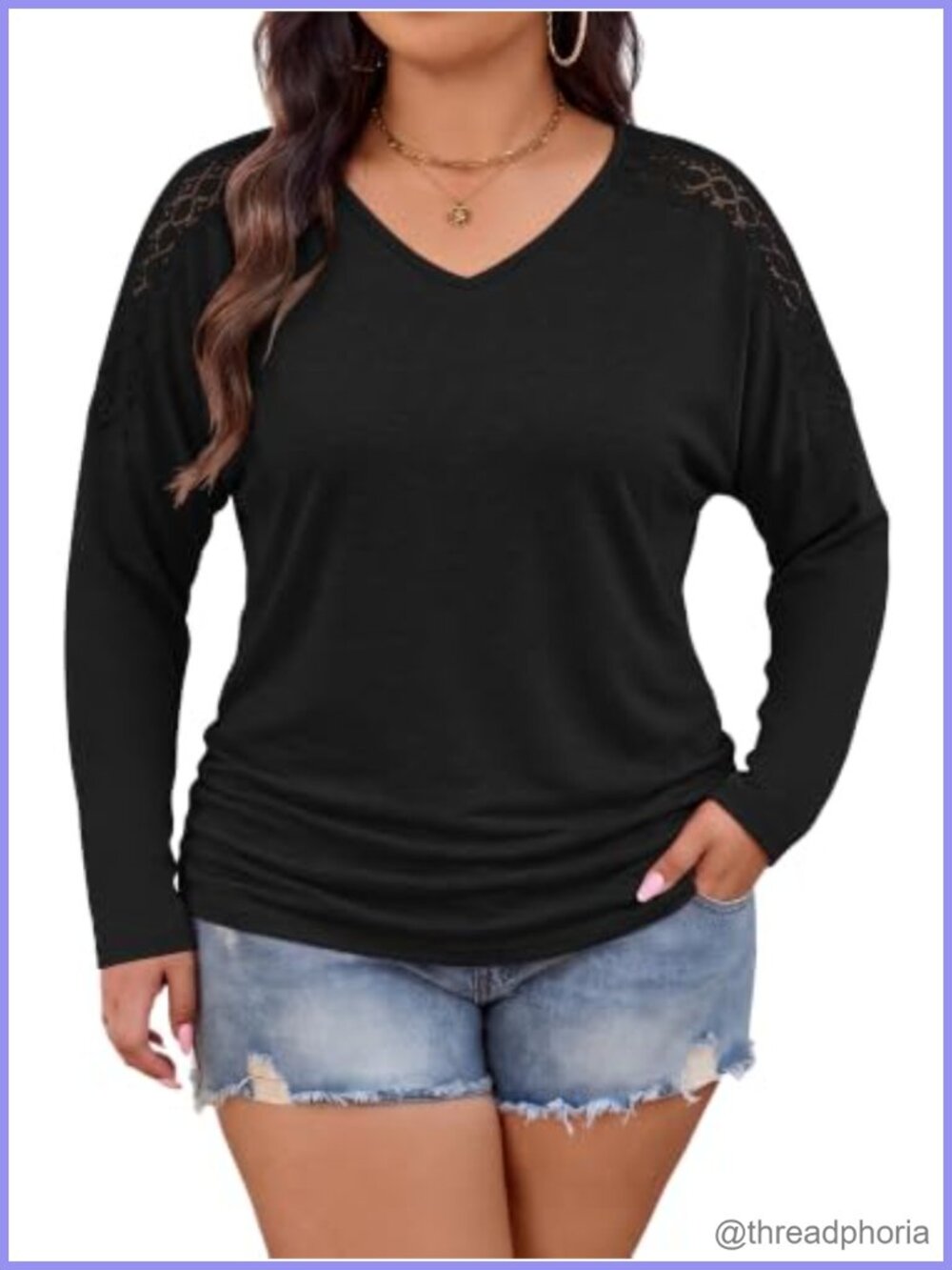 Plus Size Long Sleeve Lace Blouse V Neck Casual Fall Top